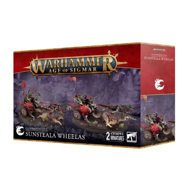Product packaging for 'Warhammer Age of Sigmar: Sunsteala Wheelas' featuring illustrations of the miniatures and the box art with the Warhammer Age of Sigmar logo.