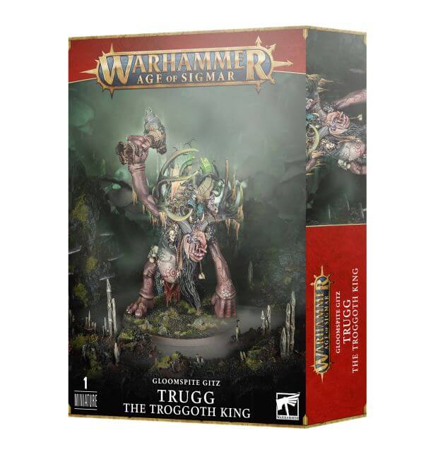 Product packaging for 'Gloomspite Gitz Trugg the Troggoth King' featuring a miniature figure, with the Warhammer Age of Sigmar game box visible.