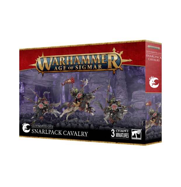 Boxed Warhammer Age of Sigmar miniatures kit featuring Snarlpack Cavalry. The packaging shows the miniatures in action poses against a dark themed backdrop, with the Warhammer logo and the name of the unit prominently displayed.