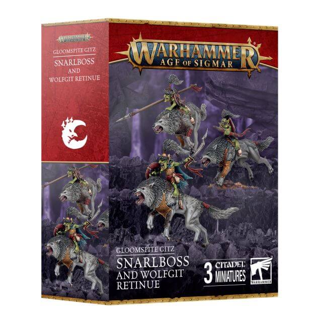 Boxed Warhammer Age of Sigmar miniatures set featuring Gloomspite Gitz Snarlboss and Wolfgit Retinue, showing the characters on the front.