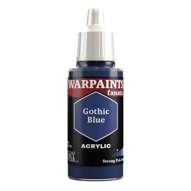 A bottle of Warpaints Fanatic Gothic Blue acrylic paint.
