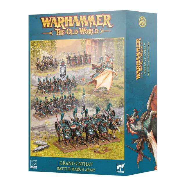 Warhammer: The Old World Grand Cathay Battle March Army box set, featuring a teal-blue packaging design with fantasy battle artwork and the Warhammer logo.