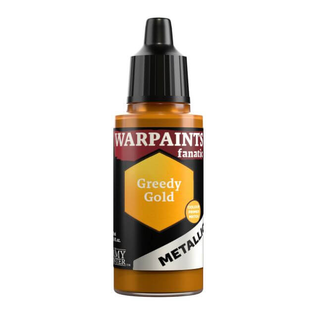 A bottle of Warpaints Fanatic Metallic Miniatures paint in the color Greedy Gold. 