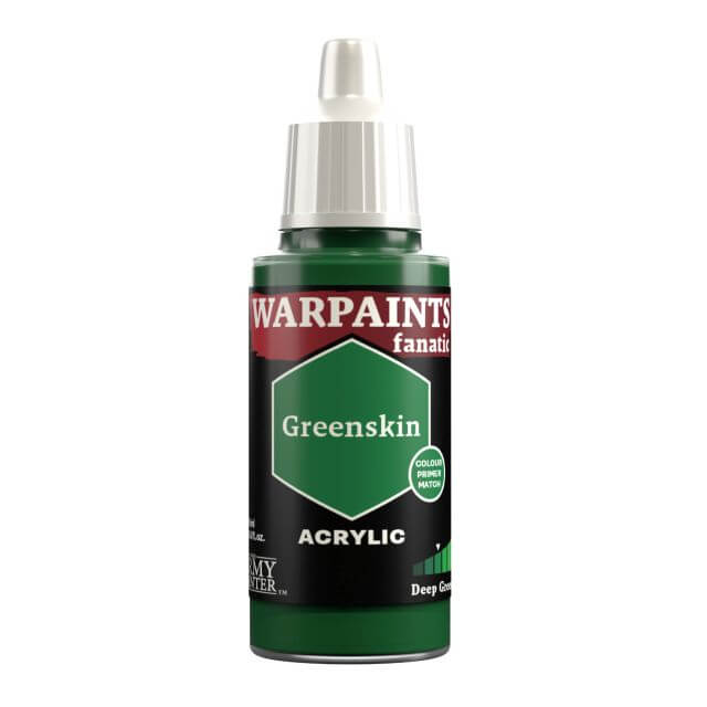 A bottle of Warpaints Fanatic Greenskin acrylic paint.