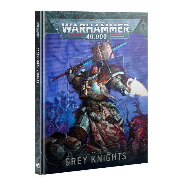 Book titled 'Warhammer 40,000 Codex: Grey Knights' with a warrior illustration on the cover.