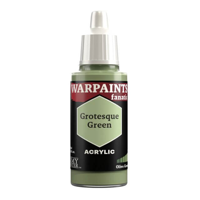 A bottle of Warpaints Fanatic: Grotesque Green acrylic paint.