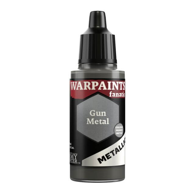 A bottle of Warpaints Fanatic Metallic craft paint in Gun Metal color.