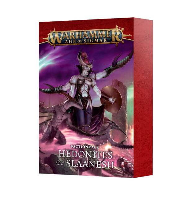 Packaging for Warhammer Age of Sigmar game featuring a card set for the Hedonites of Slaanesh faction. The box displays a vibrant illustration of a character in a dynamic pose with a magical backdrop.