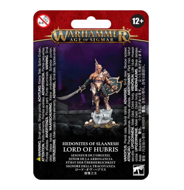 Packaging for Warhammer Age of Sigmar miniature, featuring a illustration of a character known as 'Lord of Hubris' with a scimitar and a posture of challenge. The product requires assembly and is rated 12+.