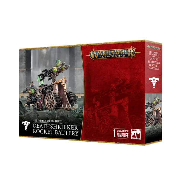 Packaging for the Helsmiths of Hashut Deathshrieker Rocket Battery miniature from Warhammer: Age of Sigmar.