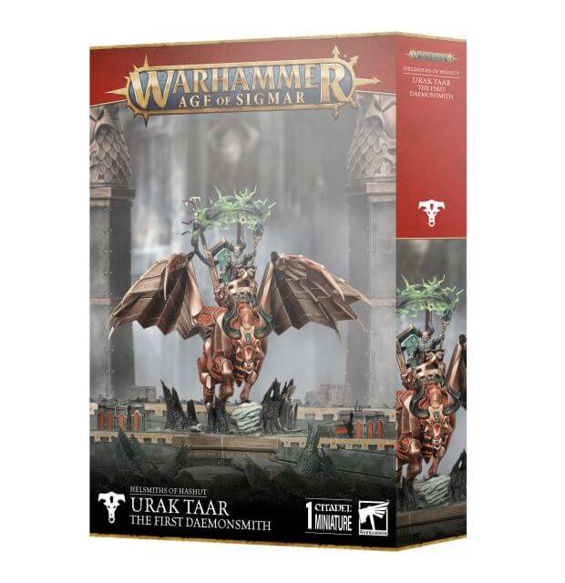 Packaging for the Helsmiths of Hashut Urak Taar: The First Daemonsmith miniature from Warhammer: Age of Sigmar.