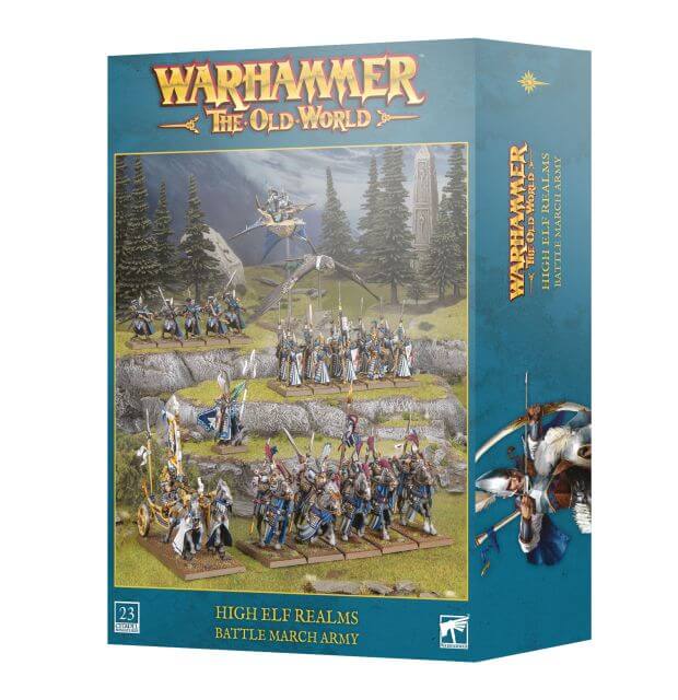 Warhammer: The Old World High Elf Realms Battle March Army box set, featuring a teal-blue packaging design with fantasy unit artwork and the Warhammer logo.