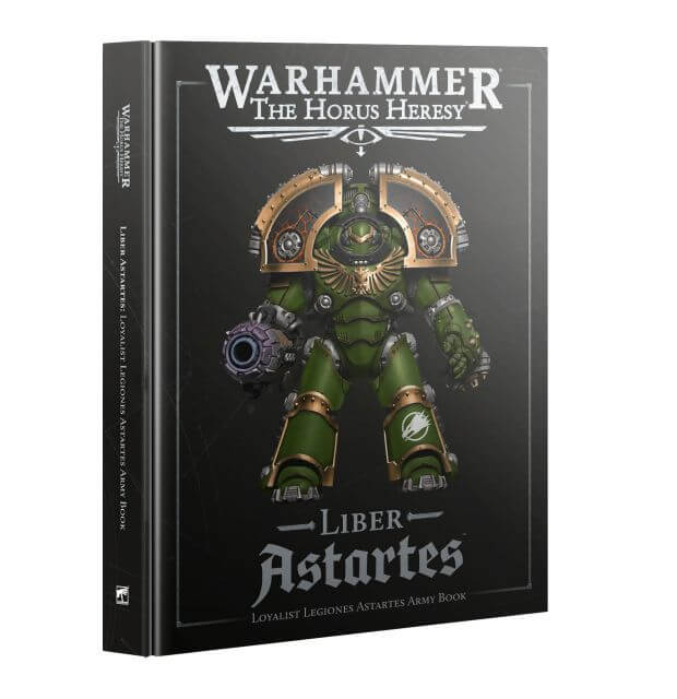 Book titled 'Warhammer The Horus Heresy Liber Astartes' with a robot illustration on a black background