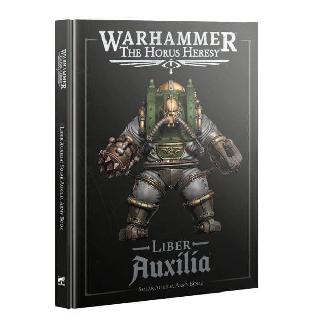 Book titled 'Warhammer: The Horus Heresy Liber Auxilia' with a character illustration on the cover.