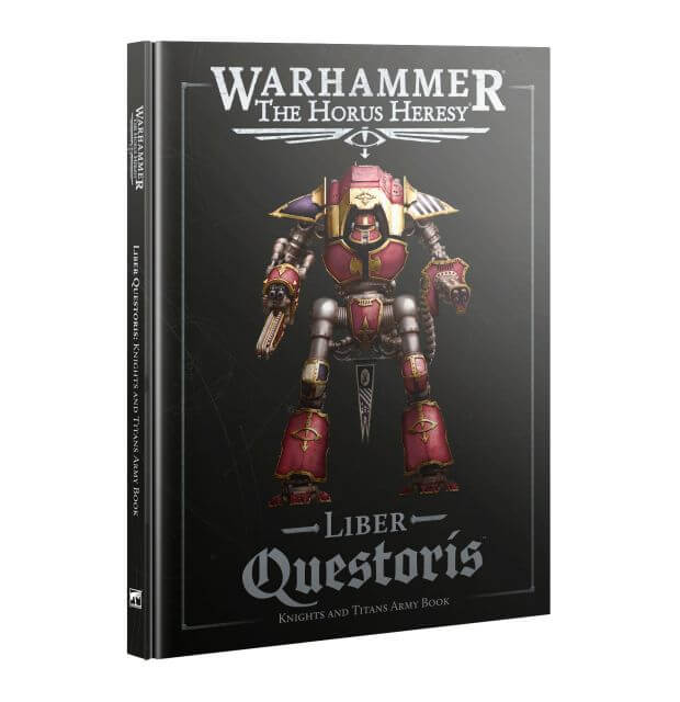Book titled 'Warhammer The Horus Heresy Liber Questoris' with a robot illustration on a black background