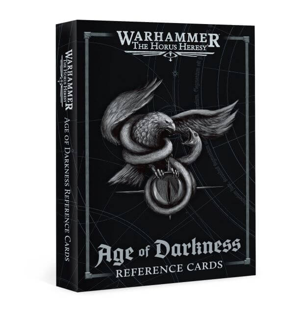A box of Warhammer 40,000 Horus Heresy Age of Darkness Reference Cards showing card artwork and the Warhammer 40,000 logo.