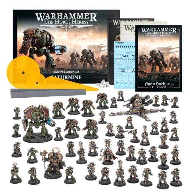 Collection of Warhammer figurines and books on a white background