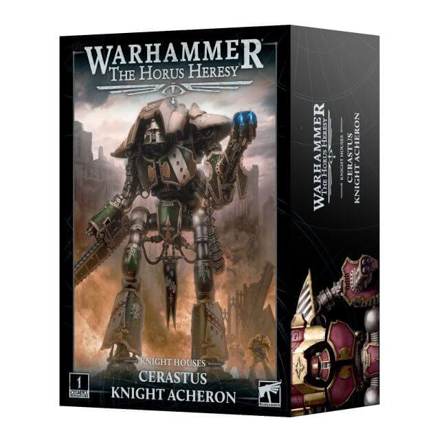Box cover for Warhammer The Horus Heresy: Cerastus Knight Acheron, depicting the miniature model as a large, armored war engine with a flamestorm cannon.