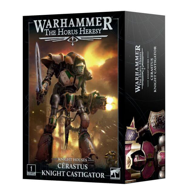 Product packaging for Warhammer The Horus Heresy Cerastus Knight Castigator miniature, featuring the assembled and painted model on the box cover.