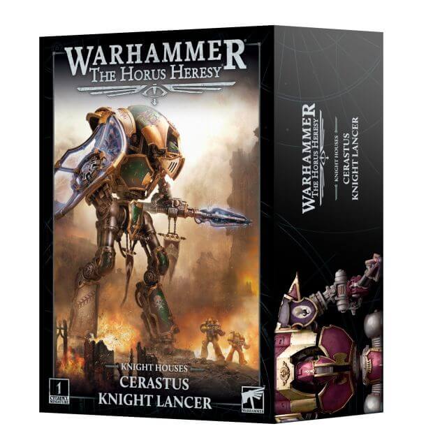 Product packaging for Warhammer The Horus Heresy Cerastus Knight Lancer miniature, showing the assembled and painted miniature on the cover.