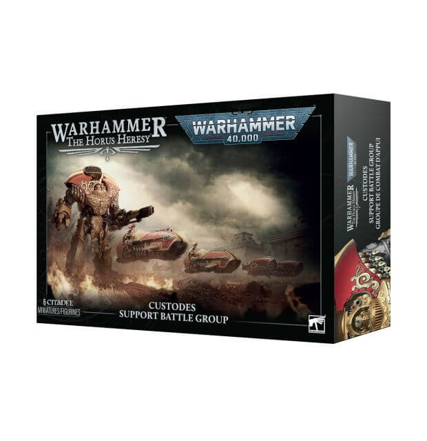 Warhammer 40,000 The Horus Heresy Custodes Support Battle Group box set, featuring a sci-fi illustration of a mecha and vehicles on a dark, smoky background.