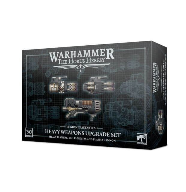 Product image for Warhammer Horus Heresy Heavy Weapons Upgrade Set, showing boxes with illustrations of the weapons to be assembled.
