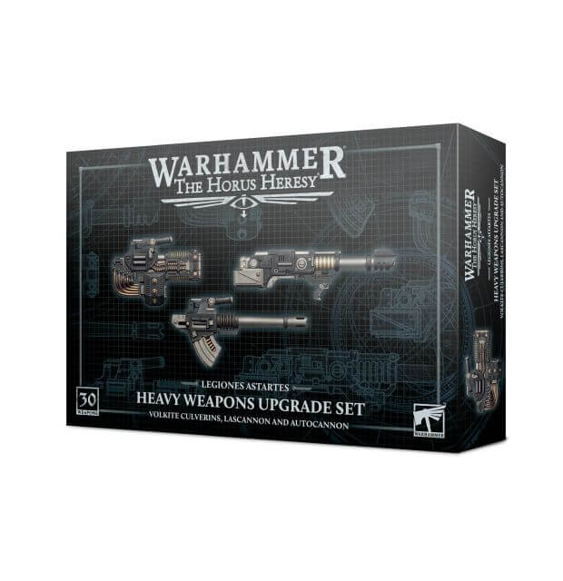 Product image for Warhammer Horus Heresy Heavy Weapons Upgrade Set, showing boxes with illustrations of the weapons to be assembled.
