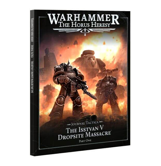 Book cover of 'Warhammer The Horus Heresy' with warrior characters on a fiery background
