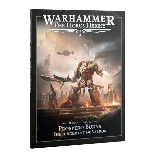 Warhammer: The Horus Heresy Journal Tactics 'Prospero Burns' book cover, featuring a detailed sci-fi battle scene with a large armored warrior and smoke-filled battlefield, shown as a 3D book mockup on a white background.