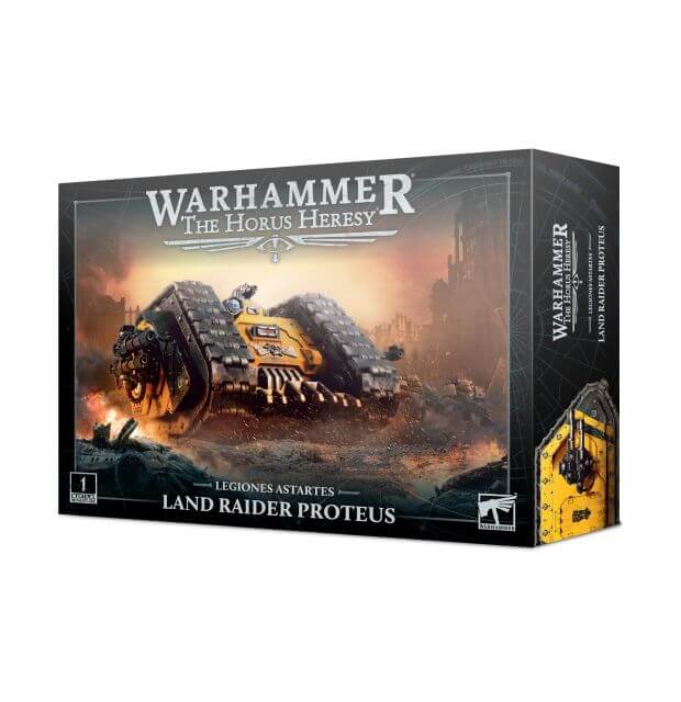 Product image for Warhammer The Horus Heresy Land Raider Proteus miniature, showing the box packaging with the assembled and painted model on the cover.