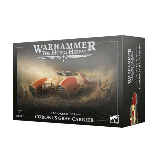Warhammer The Horus Heresy game box with a Coronus Grav-Carrier on a white background