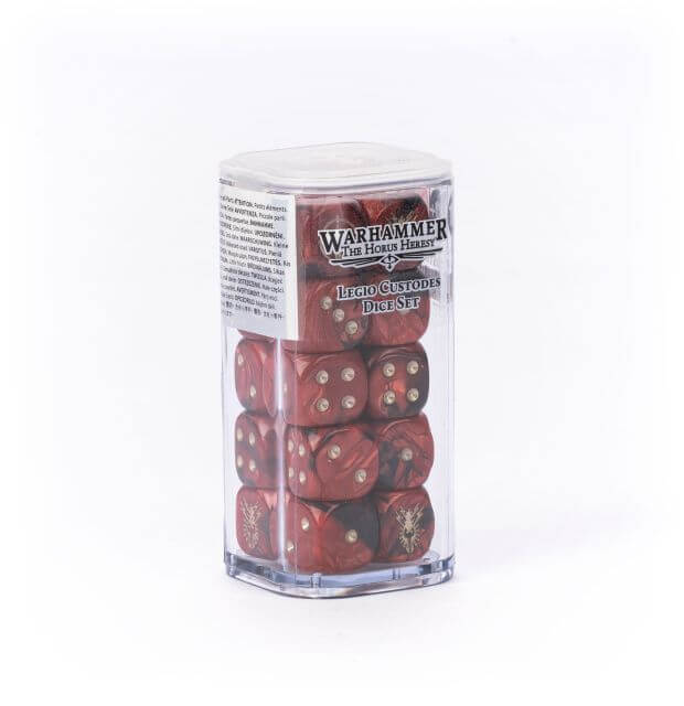 Warhammer 40k Hero Customs Dice Set in a clear plastic container with a white lid, showing red and dark red dice inside.