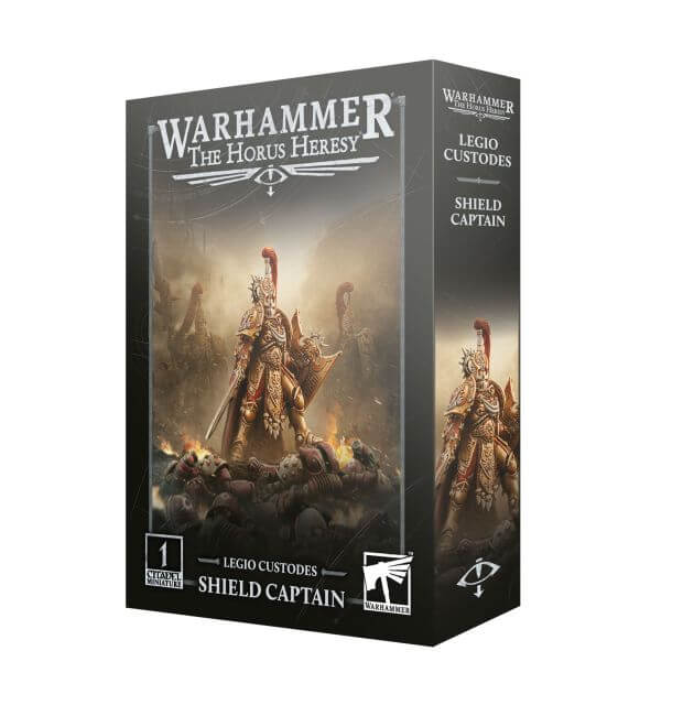 Warhammer The Horus Heresy game box with a shield captain figure on a white background
