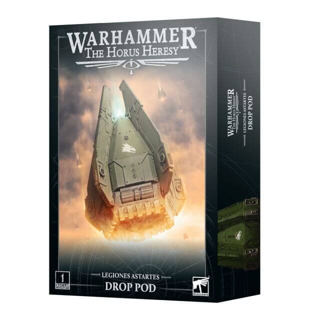 Warhammer The Horus Heresy Drop Pod box with spaceship illustration on a white background