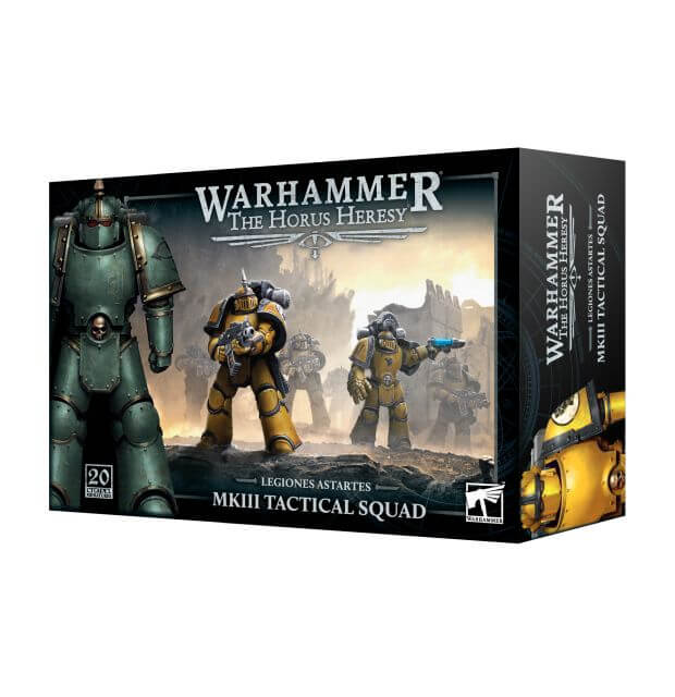 Packaging for Horus Heresy Legiones Astartes MKIII Tactical Squad showing 3 figures. 
