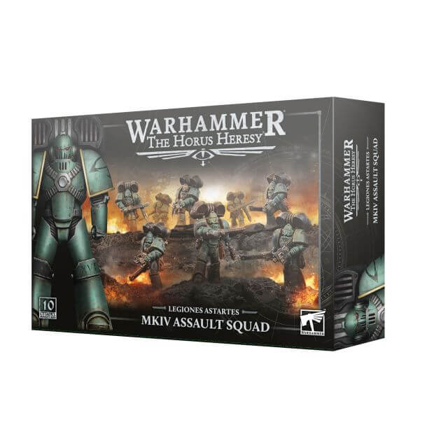 Warhammer 40k The Horus Heresy Legions of the Adeptus MKIV Assault Squad box set, featuring a dark green armored space marine on the front cover with a fiery battle scene on the side.