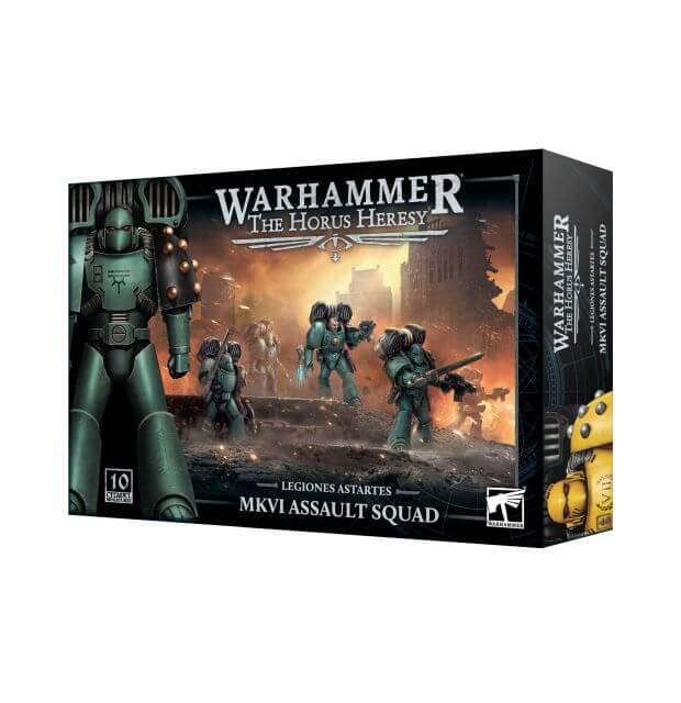 A boxed game product for 'Warhammer 40,000 The Horus Heresy' titled 'Legiones Astartes MKVI Assault Marines' with an image of a green space marine figure on the front.