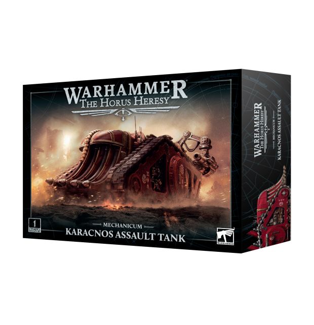 Product packaging for Warhammer The Horus Heresy Mechanicum Karacnos Assault Tank, featuring a image of the assembled tank on the front.