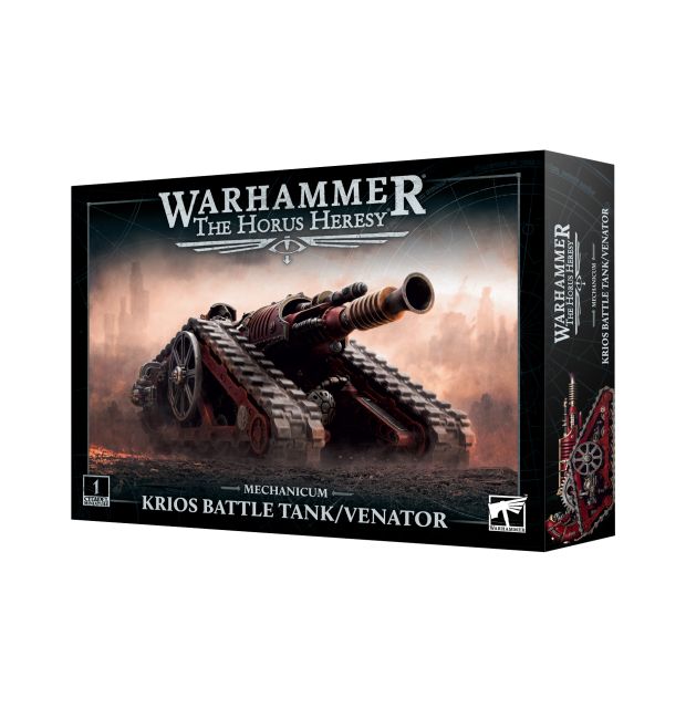 Product packaging for Warhammer: The Horus Heresy Mechanicum Krios Battle Tank/ Venator, featuring a illustration of the miniature tank on a dramatic background.