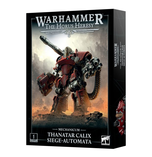 Product packaging for Warhammer: The Horus Heresy, featuring a thanatar calix siege engine, with a backdrop of a battle scene.