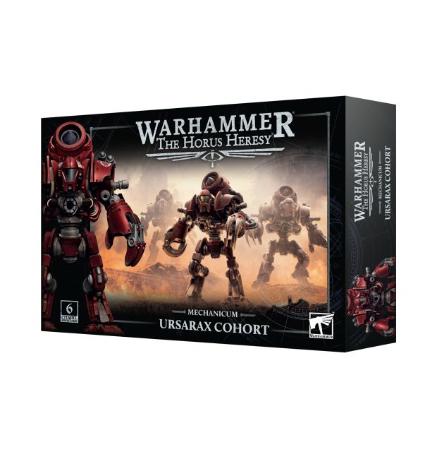 Product packaging for 'Horus Heresy Mechanicum Ursarax Cohort', featuring illustrations of armoured figures on the front and back, with a predominantly black and red color scheme.
