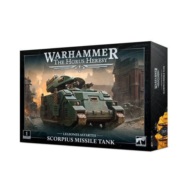 Product image of Warhammer The Horus Heresy Scorpius Missile Tank Destroyer miniature in its packaging.