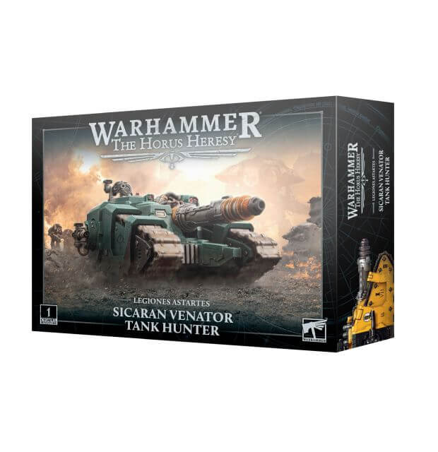 Product image of Warhammer The Horus Heresy Sicaran Venator Tank Hunter miniature in its packaging.