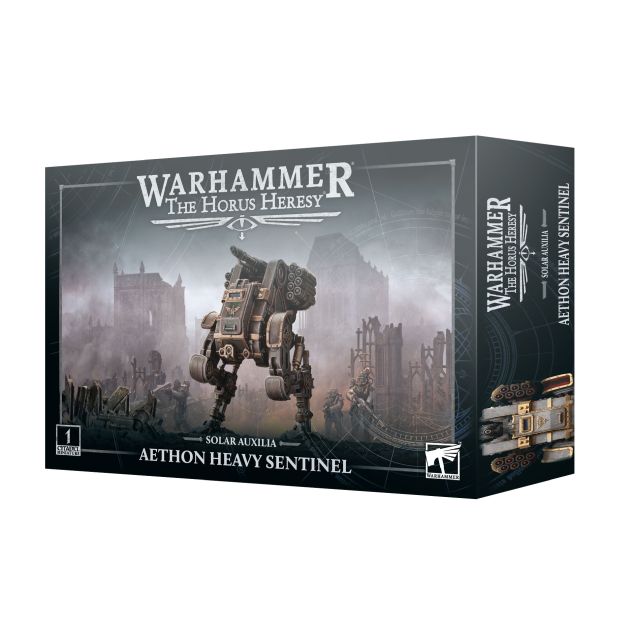 Product image of Warhammer The Horus Heresy Aethon Heavy Sentinel miniature, showing the box with the assembled and painted model on the front.