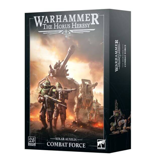 Warhammer The Horus Heresy combat force box with soldiers and a tank on a fiery background