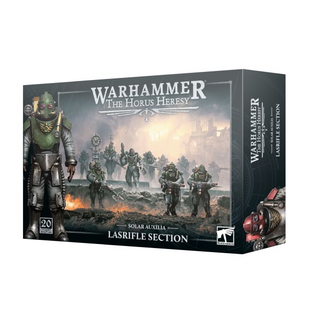 Product image for Warhammer The Horus Heresy Solar Auxilia Lasrifle Section miniature kit, showing the box art with illustrations of the miniatures in a battle scene.