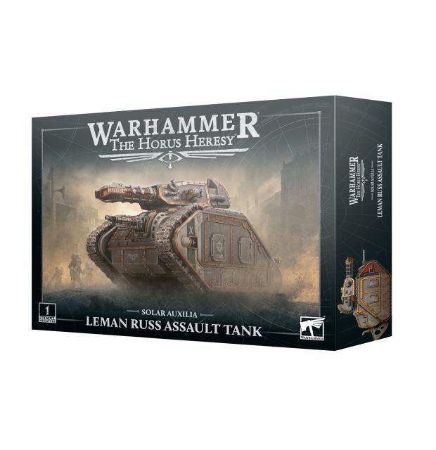Product image of Warhammer The Horus Heresy Solar Auxilia Leman Russ Assault Tank miniature, showing the box art with the tank on it, indicating the scale of the model.