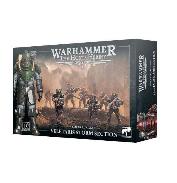 Product image for Warhammer The Horus Heresy Horusian Solar Auxilia Velataris miniature kit, showing the box art with Elite Solar Auxilia shock troops in a battle pose.
