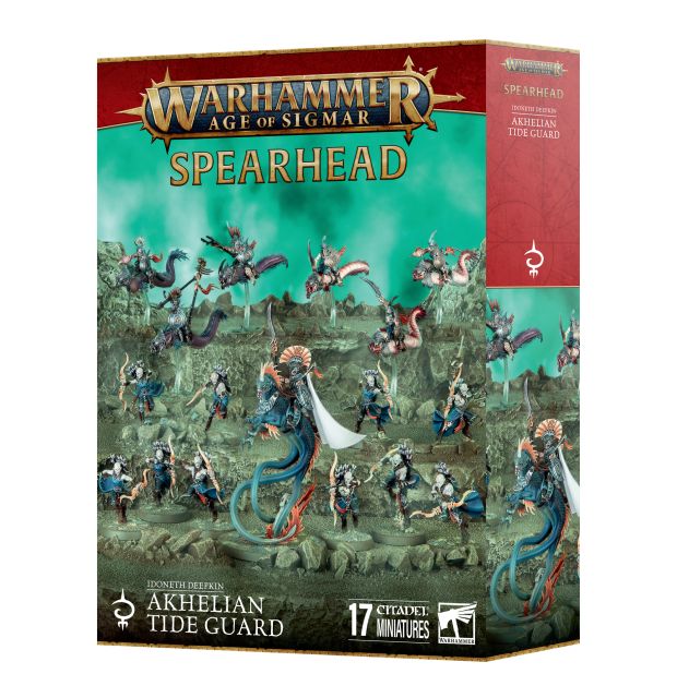 Warhammer Age of Sigmar Spearhead box with Akhelian Tide Guard miniatures on a white background