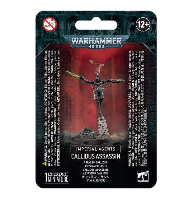 Packaging for Warhammer 40,000 Imperial Agents Callidus Assassin miniature, featuring the assembled and painted model on a card with game-related text and age recommendation.